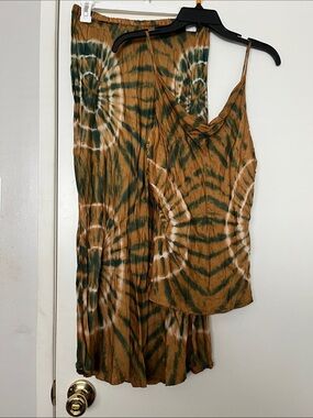YFB | (Set) Sky Olive & Rust Tie-Dye Slip Top and skirt